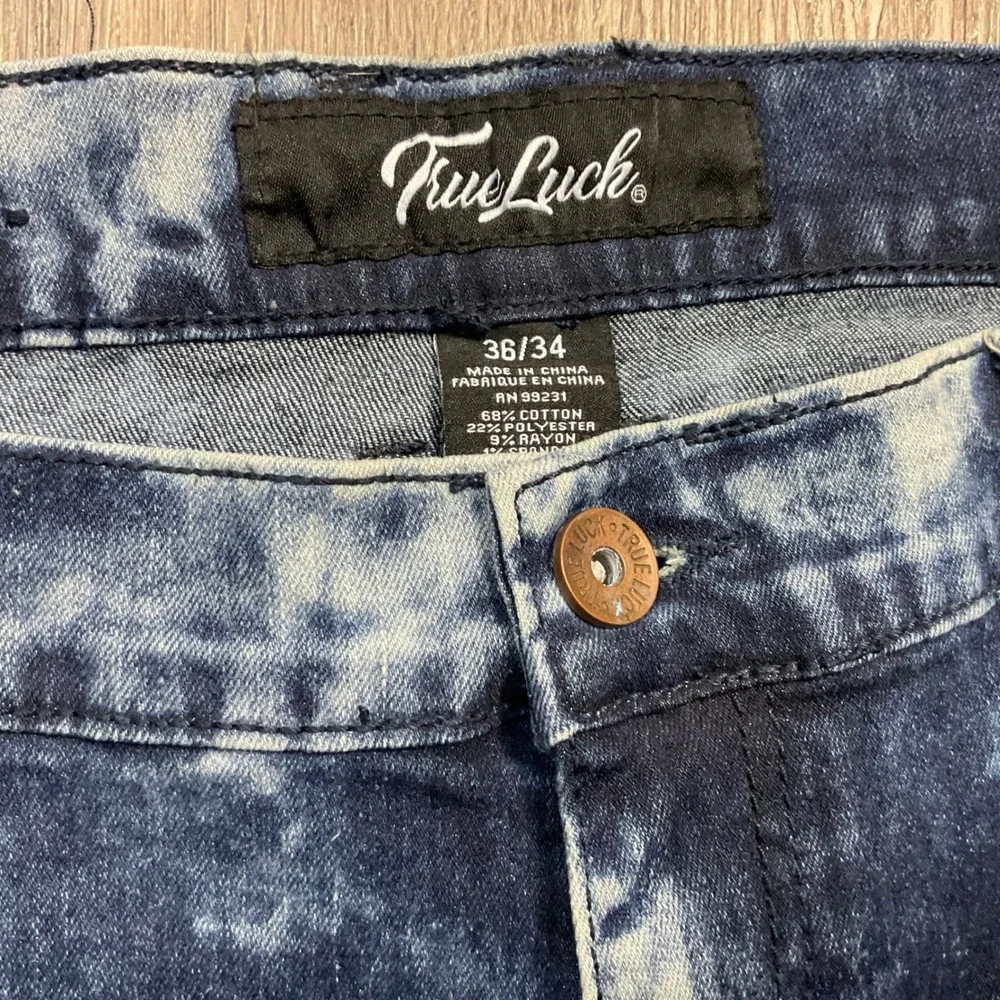 True‎ Luck Jeans Mens 36x34 Blue Distressed Acid Wash Slim Fit Moto Biker Denim - Picture 6 of 11